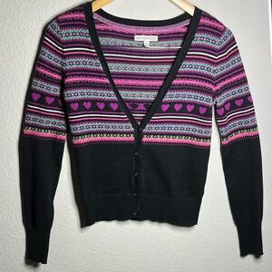 Aeropostale Black and Pink Heart Pattern Cardigan Size Small